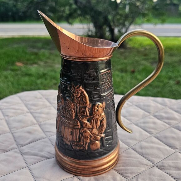 Vintage Decorative Embossed Copper and Brass Pitcher Old World Tavern Scene 8" - Picture 2 of 14